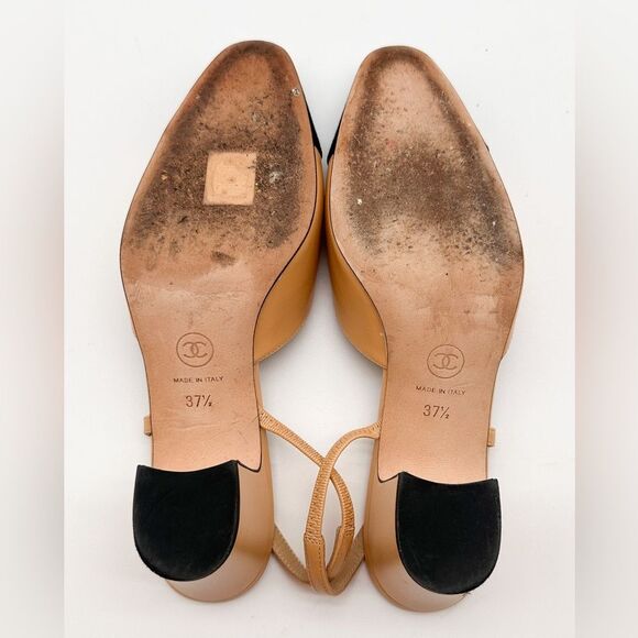 CHANEL Slingback Cap Toe Beige & Black Heels Leather Pumps EU 37.5 US 6.5-7 - Picture 8 of 15